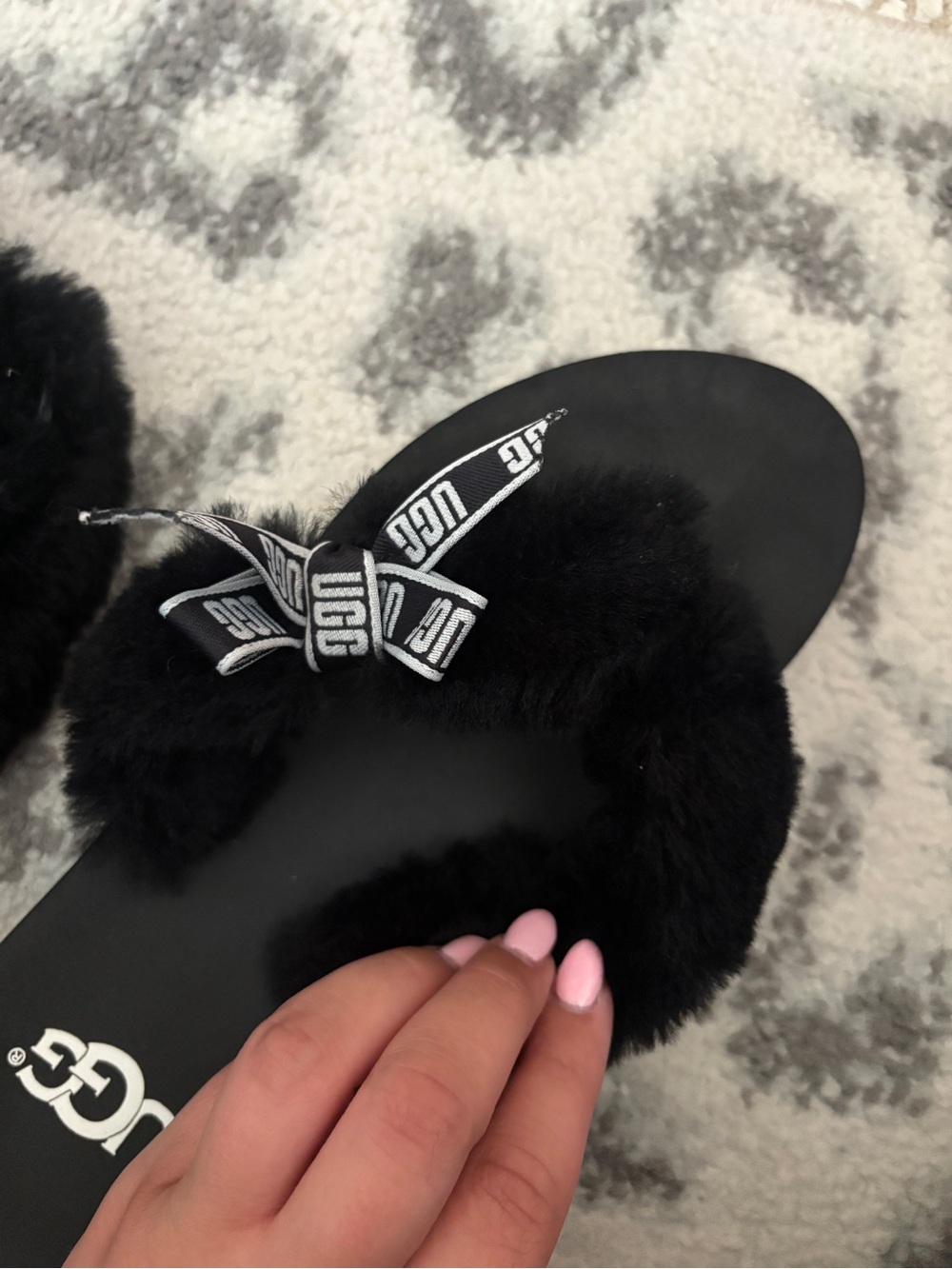 UGG Black Plush Slide Sandals with Branded Ribbon